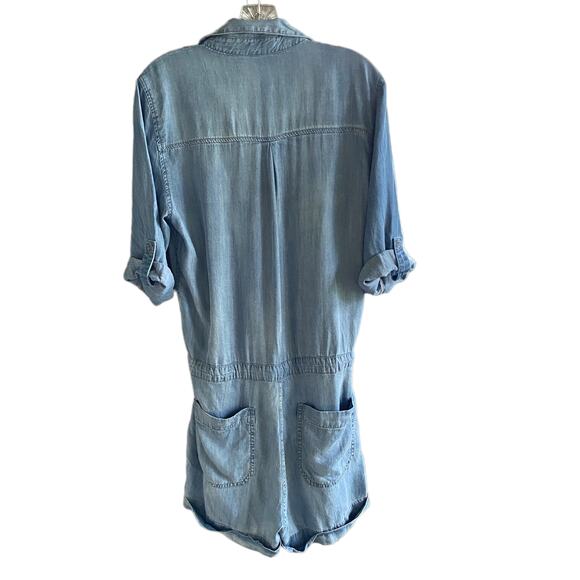 SILVER M Chambray Romper Drawstring Waist Roll Tab Sleeves Button Front Lyocell - Picture 5 of 10